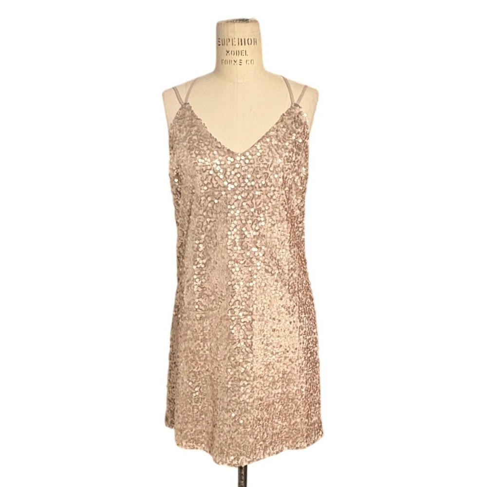 Rose Gold Sequin V-Neck T-Back Mini Shift Dress Party Going Out Womens Small